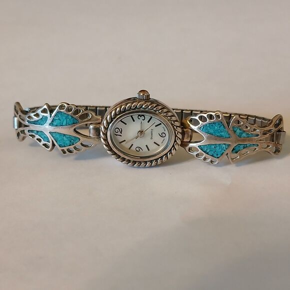 Vtg Southwest Sterling Silver Turquoise Butterfly MOP Dial Japan Quartz Watch - Picture 1 of 14